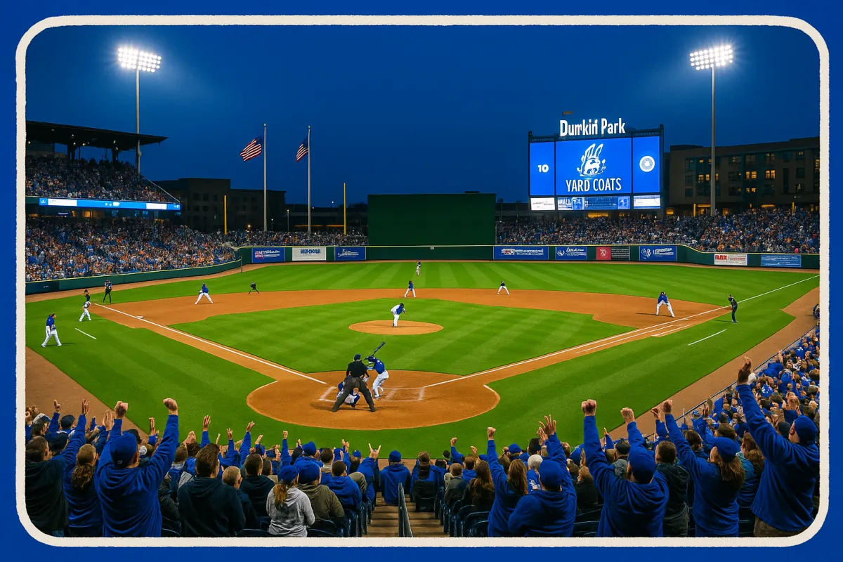 Hartford Yard Goats baseball game at Dunkin Park with fans cheering under the lights on a spring evening in Hartford Connecticut