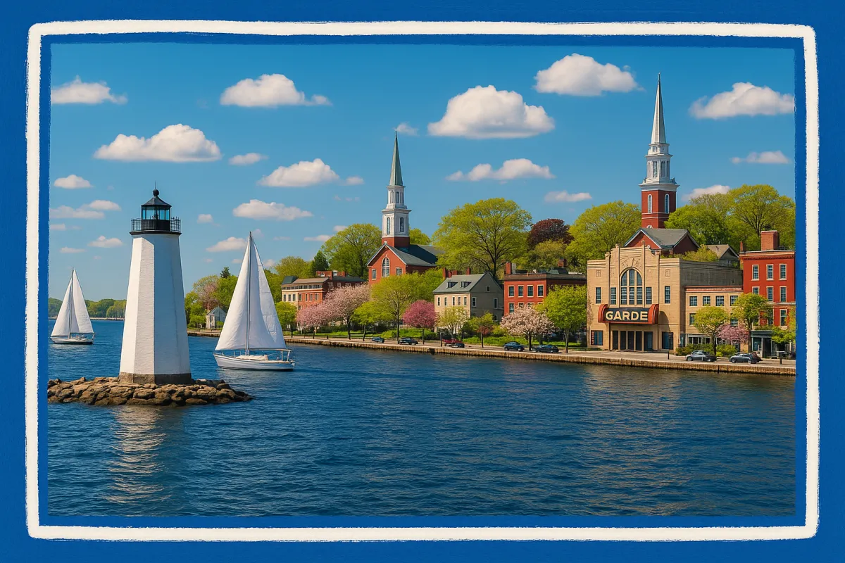 Scenic New London County Connecticut waterfront with a historic lighthouse and sailboats on a bright sunny spring day