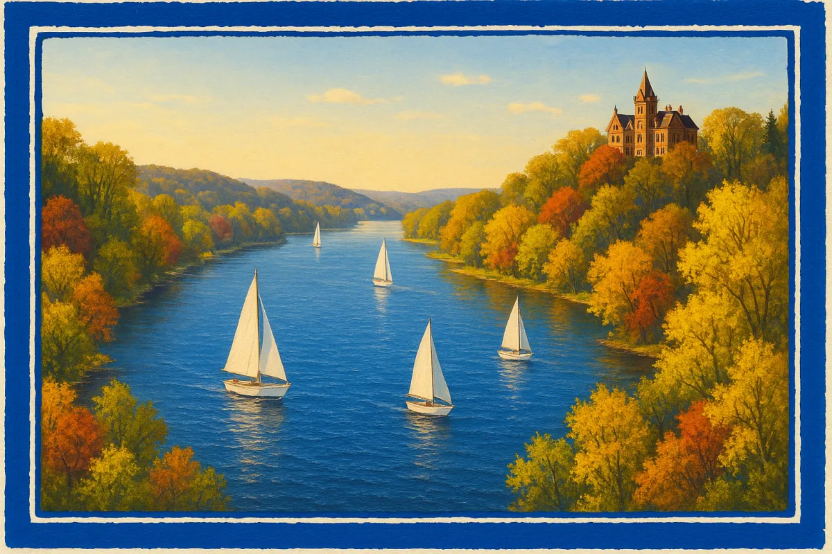 Scenic view of the Connecticut River Valley in Middlesex County with sailboats on the water and colorful spring foliage along the riverbank
