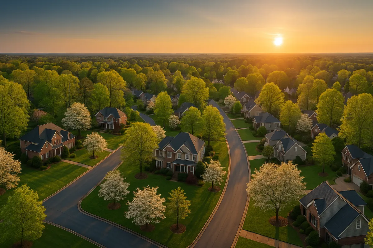 Aerial view of a West Cobb Georgia neighborhood in spring bloom at golden hour — Acworth, Kennesaw, and Marietta residential market update 2026 by Team Haigh Realty