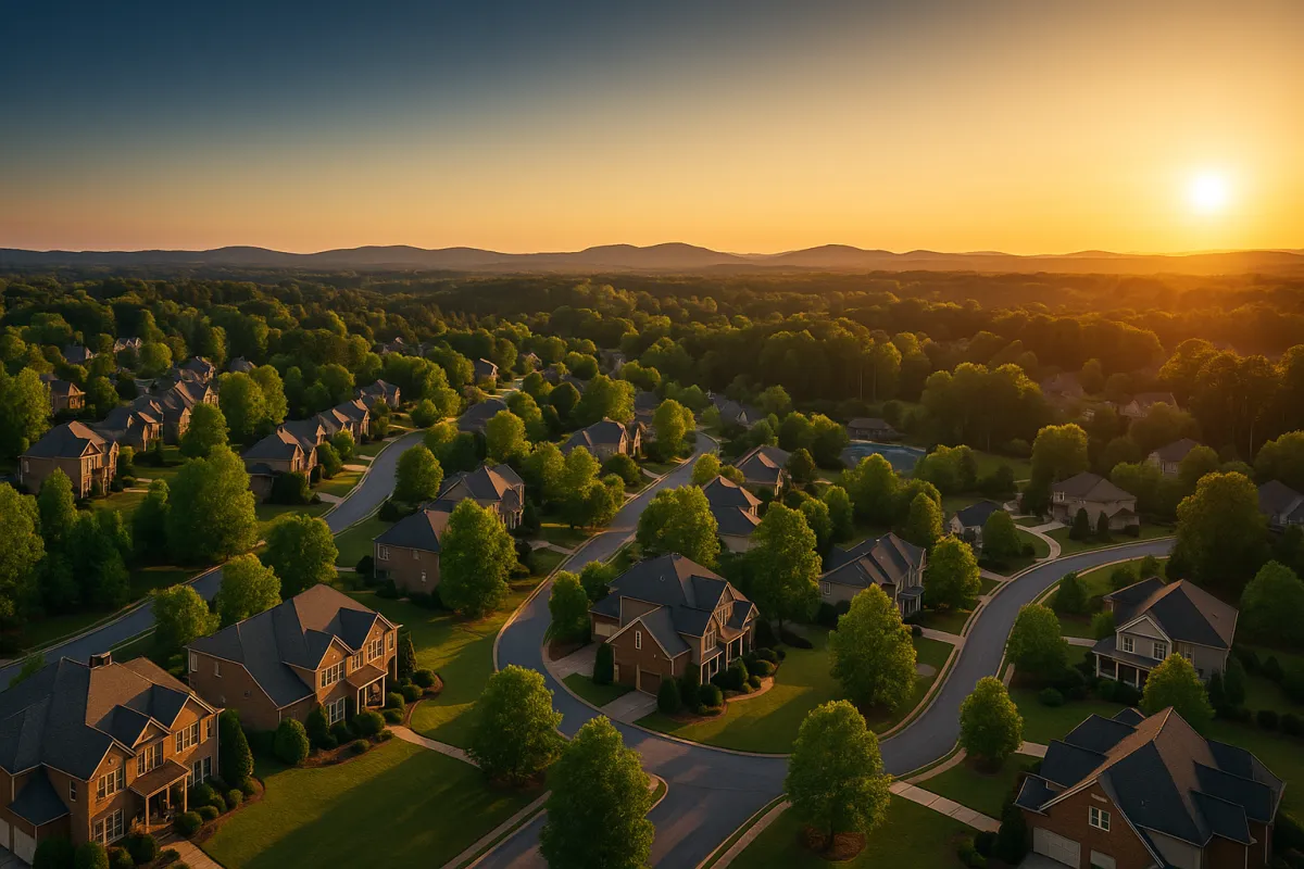Aerial golden hour view of an established Canton Georgia neighborhood with large homes on generous lots — Sequoyah High School zone home buying guide 2026 by Team Haigh Realty