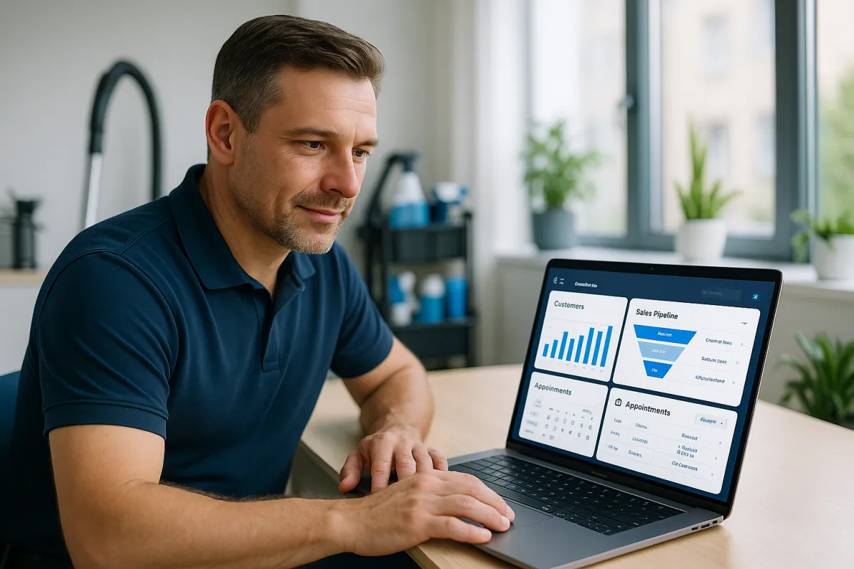 Reinigungsunternehmer am modernen Schreibtisch mit CRM-Dashboard – bestes CRM für Reinigungsunternehmen