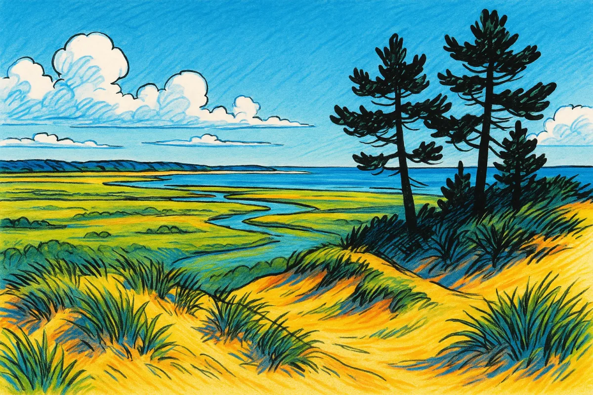 Colored sketch illustration of Ipswich Massachusetts coastline with sand dunes Great Marsh salt marsh and pitch pine trees under a coastal sky