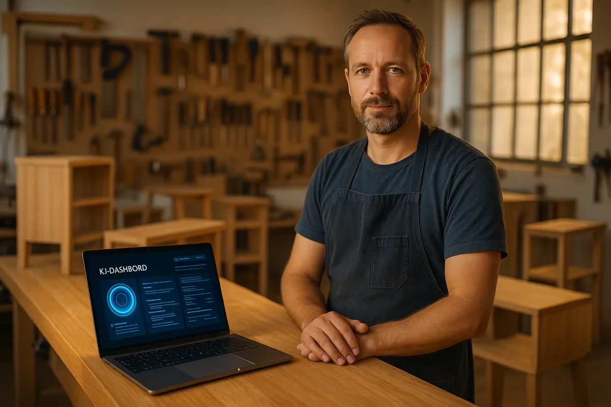 Tischlermeister mit KI-Dashboard in moderner Werkstatt – bestes KI-Tool für Tischler