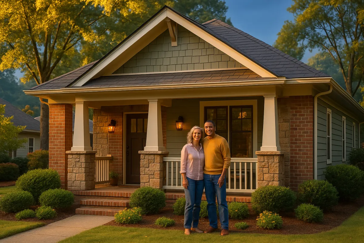 Happy couple in their late 50s on the porch of a beautiful craftsman home in Northwest Metro Atlanta Georgia representing downsizing and right-sizing with Team Haigh Realty