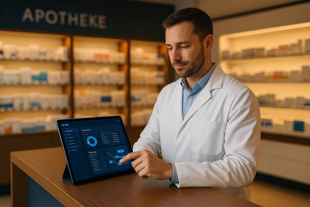 Apothekerin überprüft GoHighLevel CRM-Dashboard auf einem Tablet in moderner Apotheke – bestes CRM für Apotheken