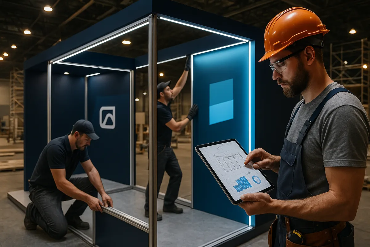 Messebauer überprüft CRM-Dashboard auf Tablet beim Aufbau eines Messestands – bestes CRM für Messebauer