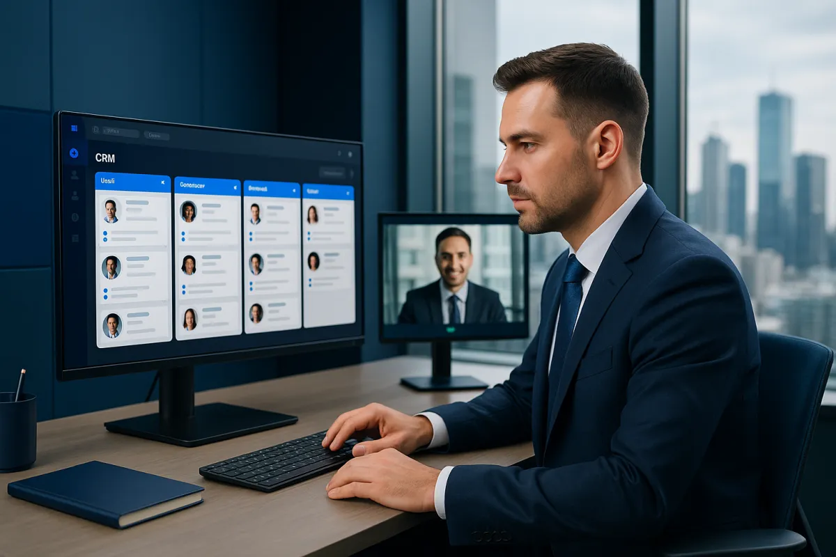Professioneller Headhunter am modernen Schreibtisch mit CRM-Dashboard auf dem Monitor – bestes CRM für Headhunter