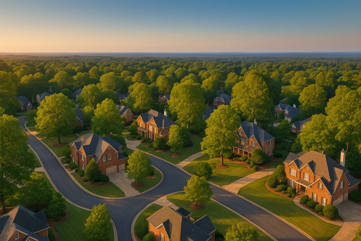 Aerial golden hour view of East Cobb Georgia established neighborhoods with tree-lined streets and brick homes representing the Lassiter Pope and Walton High School real estate zones