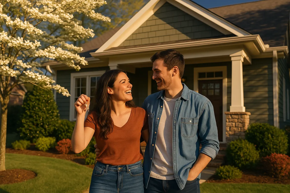 Young couple receiving keys to their first home in a Northwest Metro Atlanta Georgia neighborhood — first-time home buyer guide 2026 by Team Haigh Realty