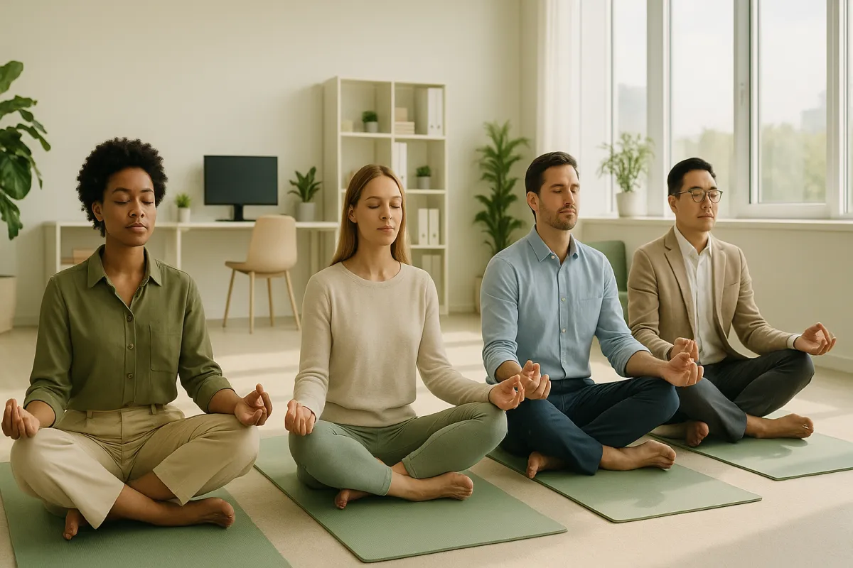 Corporate wellness space with professionals in a mindfulness session