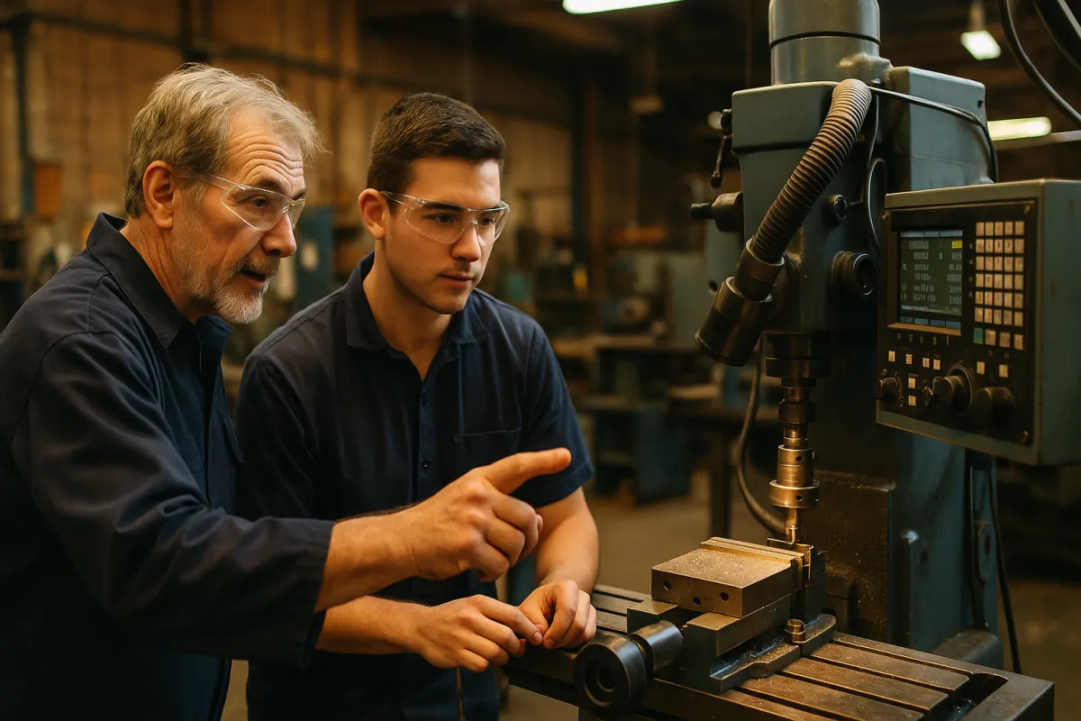 Senior worker mentoring young apprentice in Australian trades training workshop