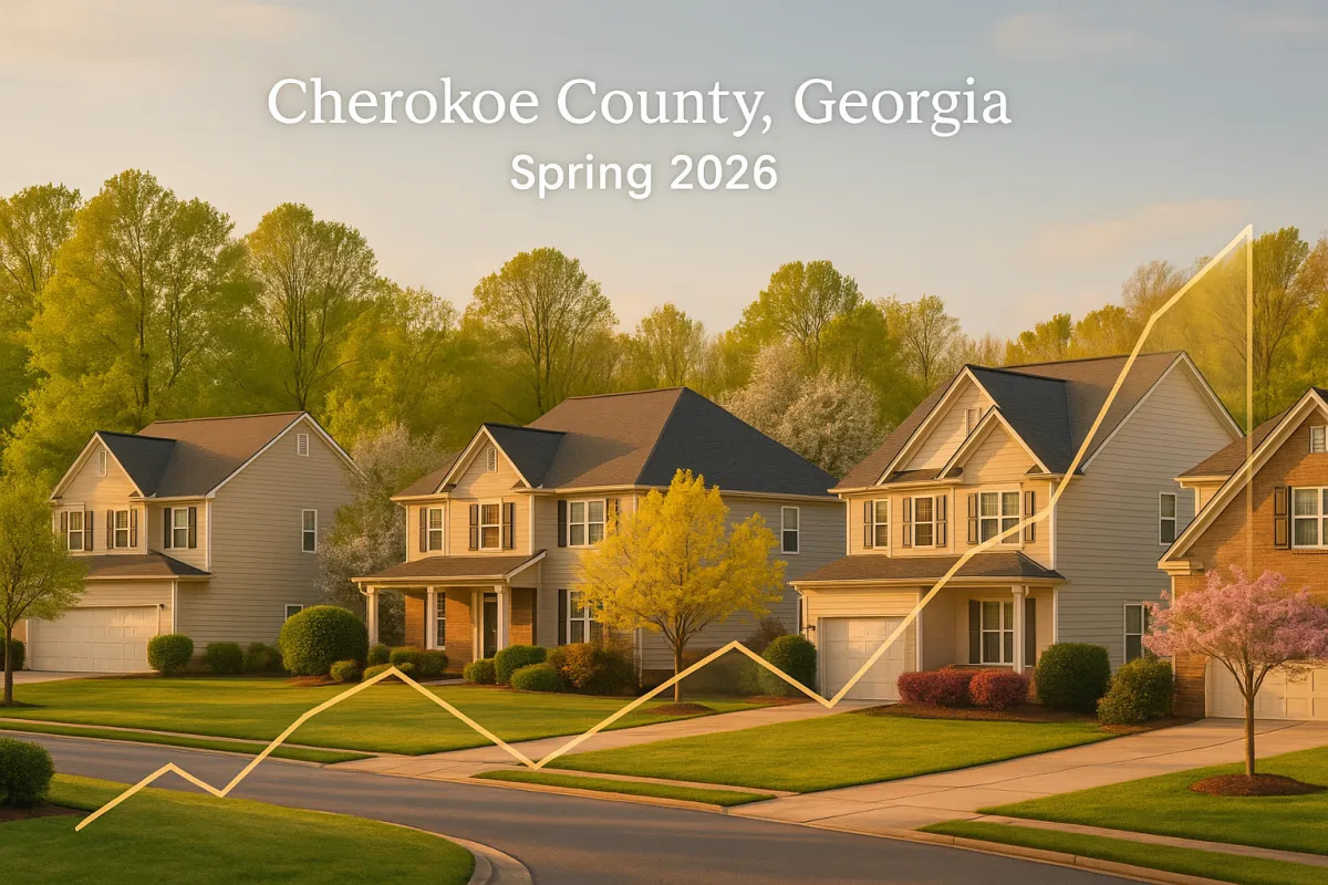 Spring 2026 Cherokee County GA real estate market report — suburban neighborhood with blooming trees and upward market trend overlay