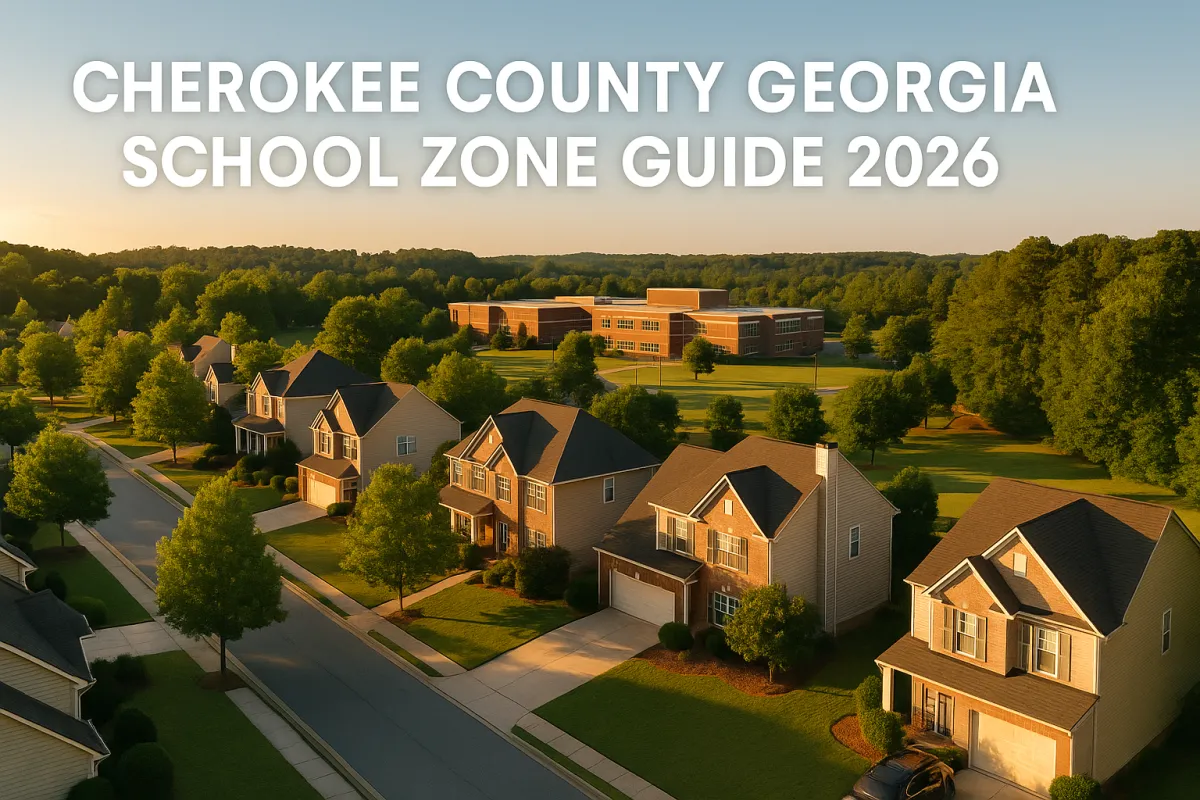 Aerial golden hour view of a tree-lined Cherokee County Georgia neighborhood near a top-rated school, representing the 2026 school zone buyer's guide by Team Haigh Realty