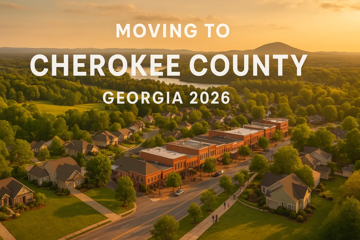 Aerial golden hour view of Cherokee County Georgia showing Woodstock's downtown, Lake Allatoona, rolling green hills and family-friendly neighborhoods — 2026 relocation guide by Team Haigh Realty