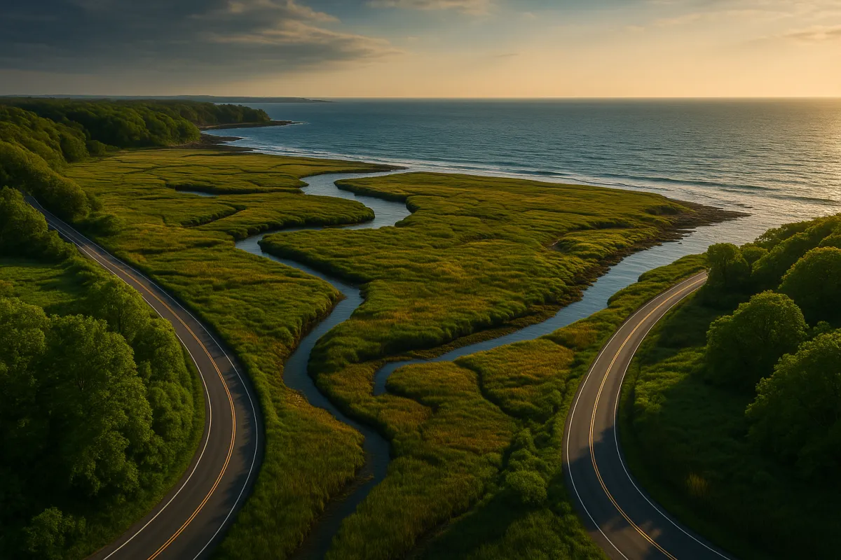 Aerial view of the Essex County North Shore coastline in May, two roads converging toward the Atlantic Ocean, surrounded by saltmarsh and spring greenery