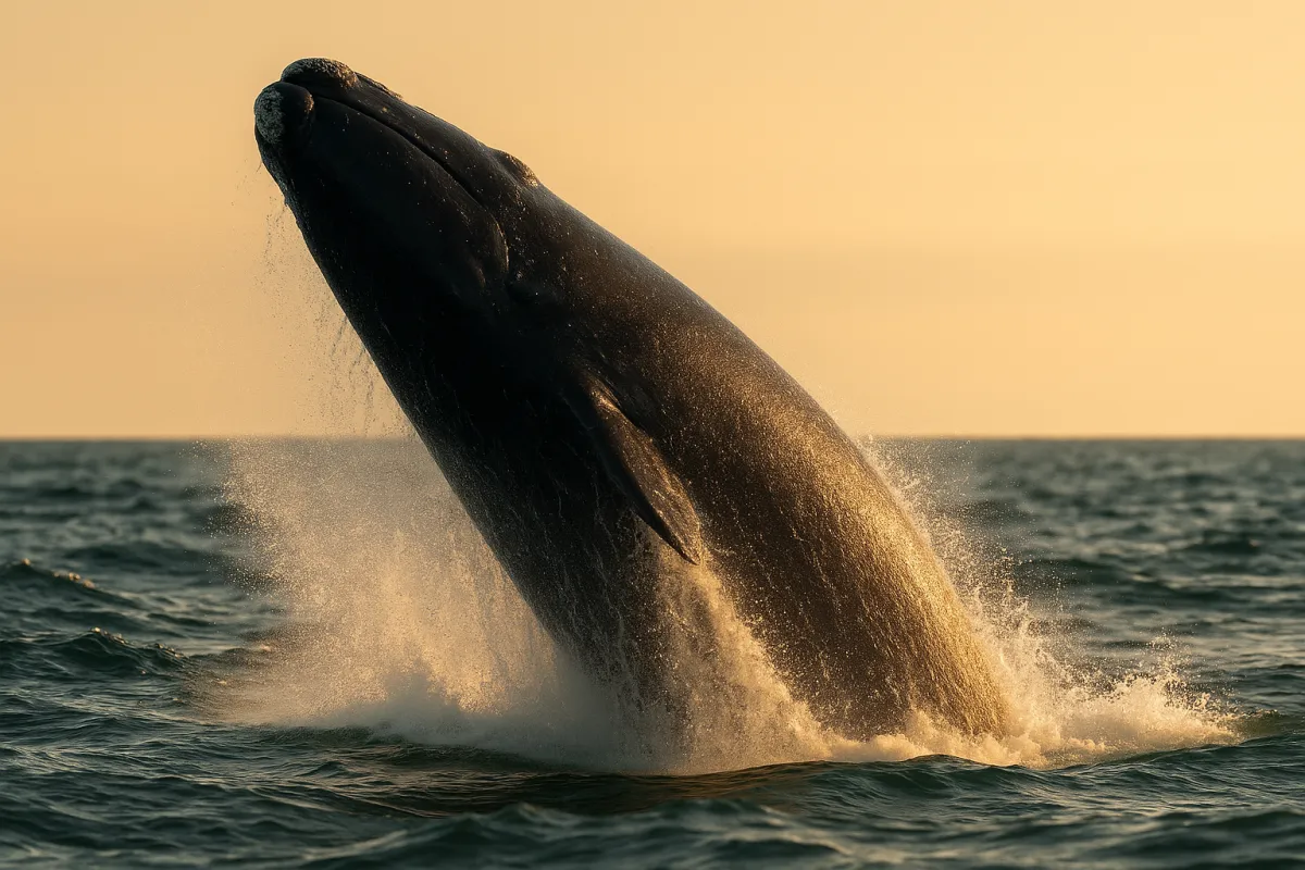 A massive North Atlantic right whale erupts through the surface of the Atlantic Ocean off the Massachusetts coast in May, its enormous black body half-airborne, ocean spray exploding in golden morning light