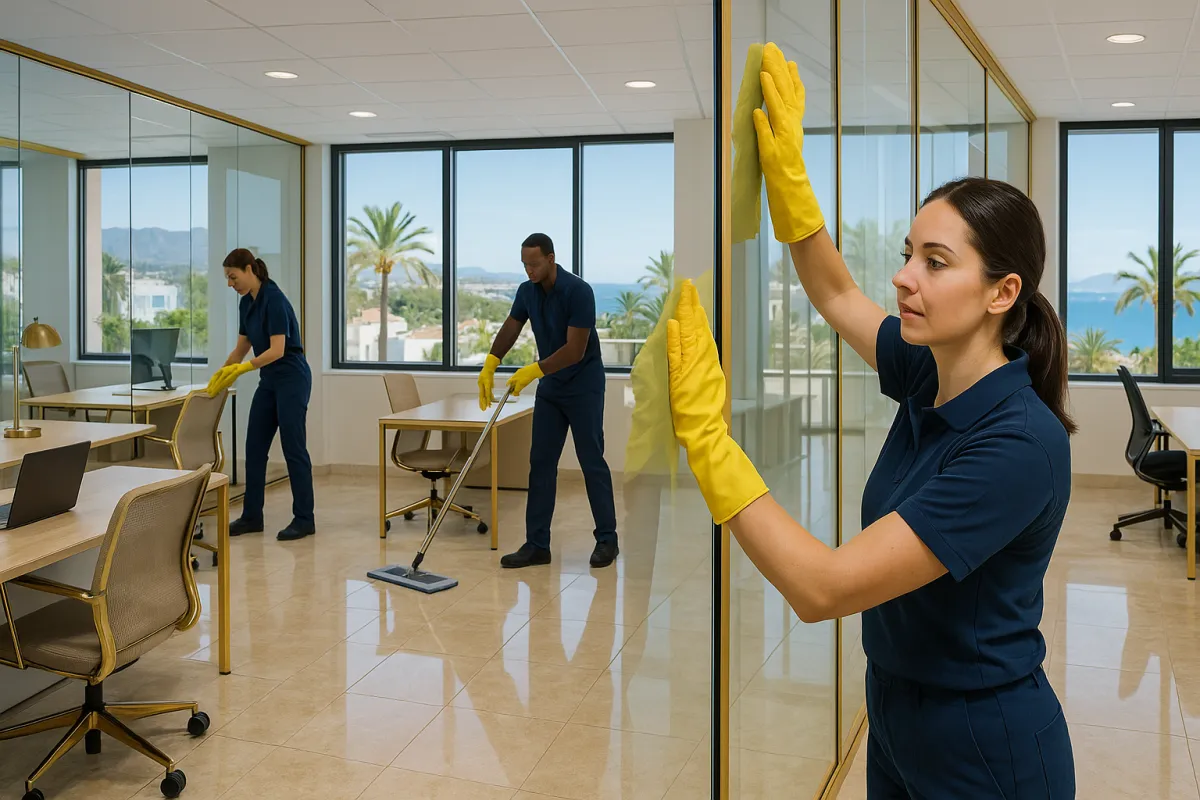 Equipo de limpieza profesional en oficina moderna de Marbella
