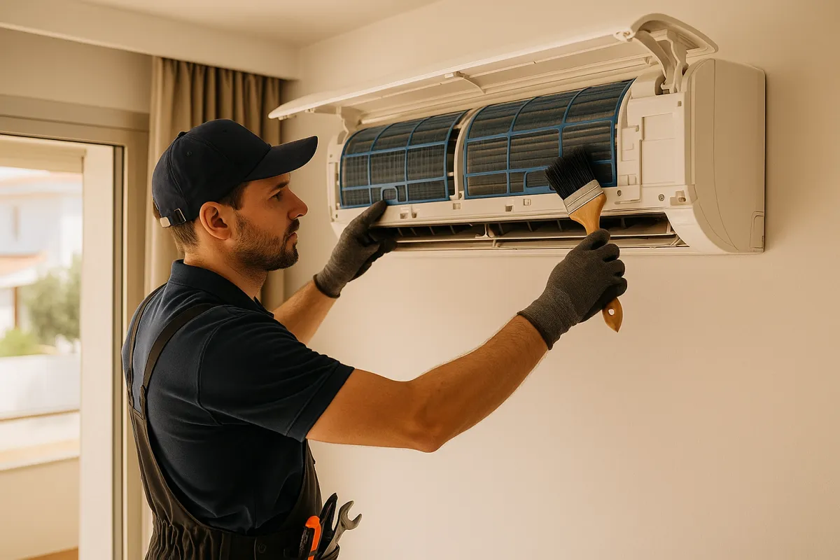 Técnico HVAC realizando mantenimiento anual de aire acondicionado split en vivienda de Marbella