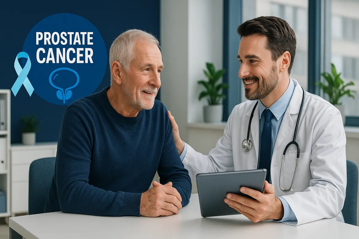 Doctor urólogo en Guayaquil revisando resultados de cáncer de próstata con paciente mayor en consulta moderna