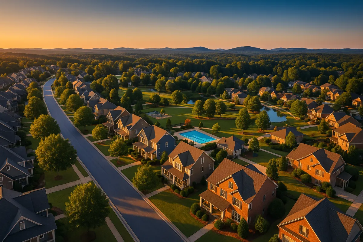 Aerial golden hour view of Cherokee County Georgia suburban neighborhood with craftsman homes, mature trees, green hills and a community pond reflecting the sky - ideal for first-time home buyers in 2026