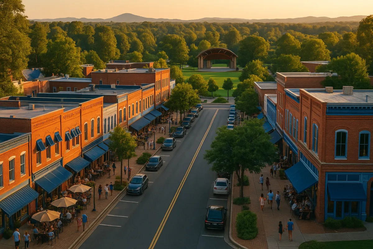 Aerial view of Downtown Woodstock Georgia at golden hour with revitalized Main Street, Woodstock Amphitheater, tree-lined streets, and rolling Georgia foothills in the background