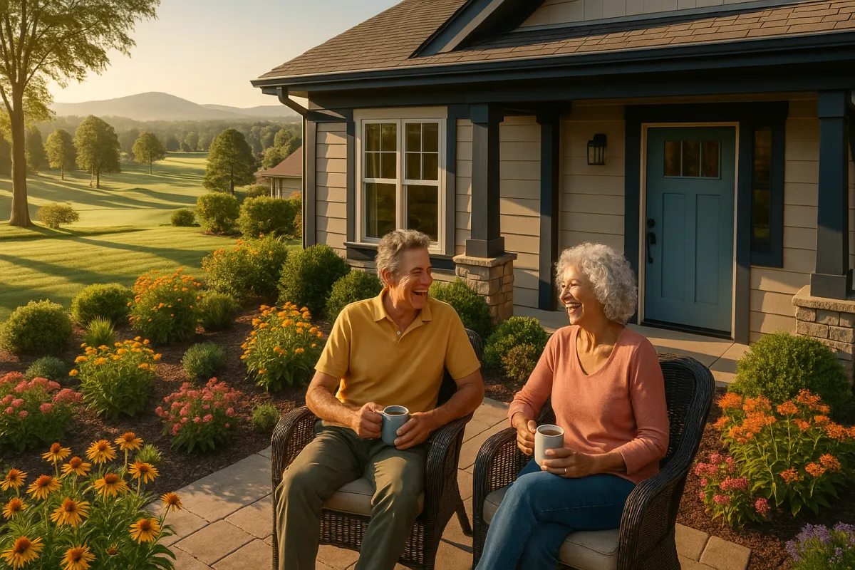 Active couple in their 60s enjoying morning coffee on the patio of their beautiful downsized craftsman home in Cherokee County Georgia, rolling foothills and golf course visible in the background