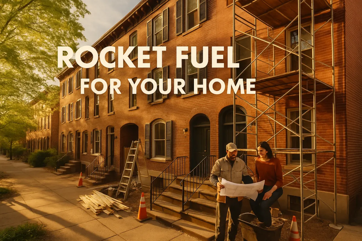 A cinematic shot of a classic Philadelphia brick rowhome being beautifully renovated, with a professional contractor reviewing blueprints with a homeowner, and a Rocket Fuel for Your Home graphic overlay