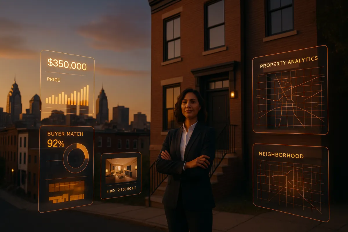 A confident Philadelphia realtor standing in front of a Philly rowhome at golden hour, surrounded by holographic AI data overlays including property analytics, buyer match percentages, and neighborhood heat maps