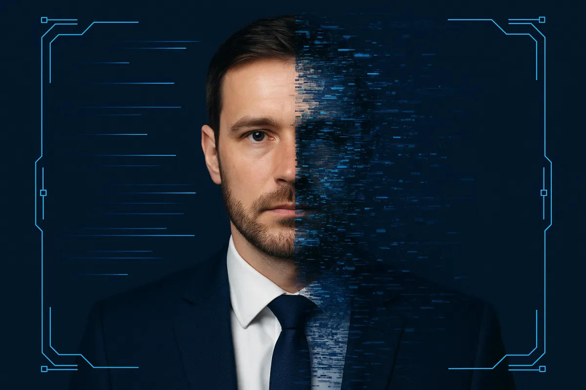 A split face image showing the contrast between a real identity and a digitally fragmented synthetic identity, representing AI fraud in employment screening