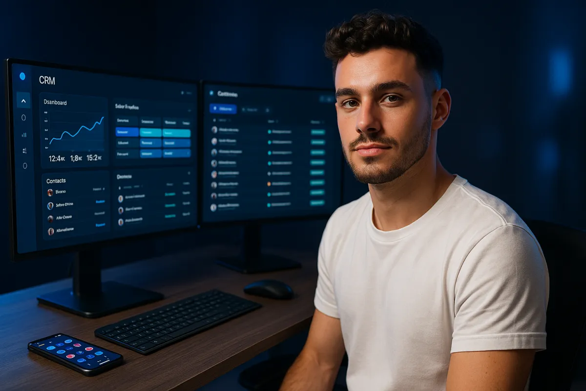Content Creator am modernen Schreibtisch mit CRM-Dashboard auf dem Monitor – bestes CRM für Influencer