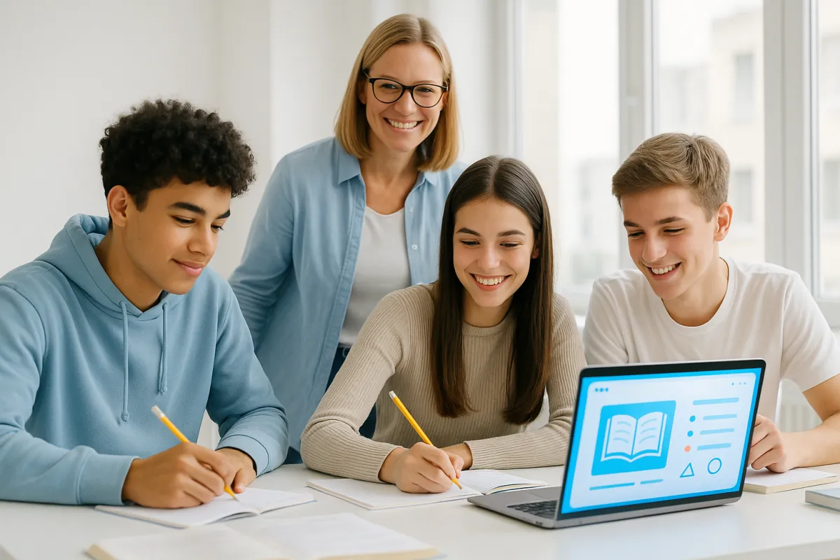 Schüler und Tutor in hellem modernem Lernraum mit CRM-Dashboard – bestes CRM für Nachhilfeinstitute