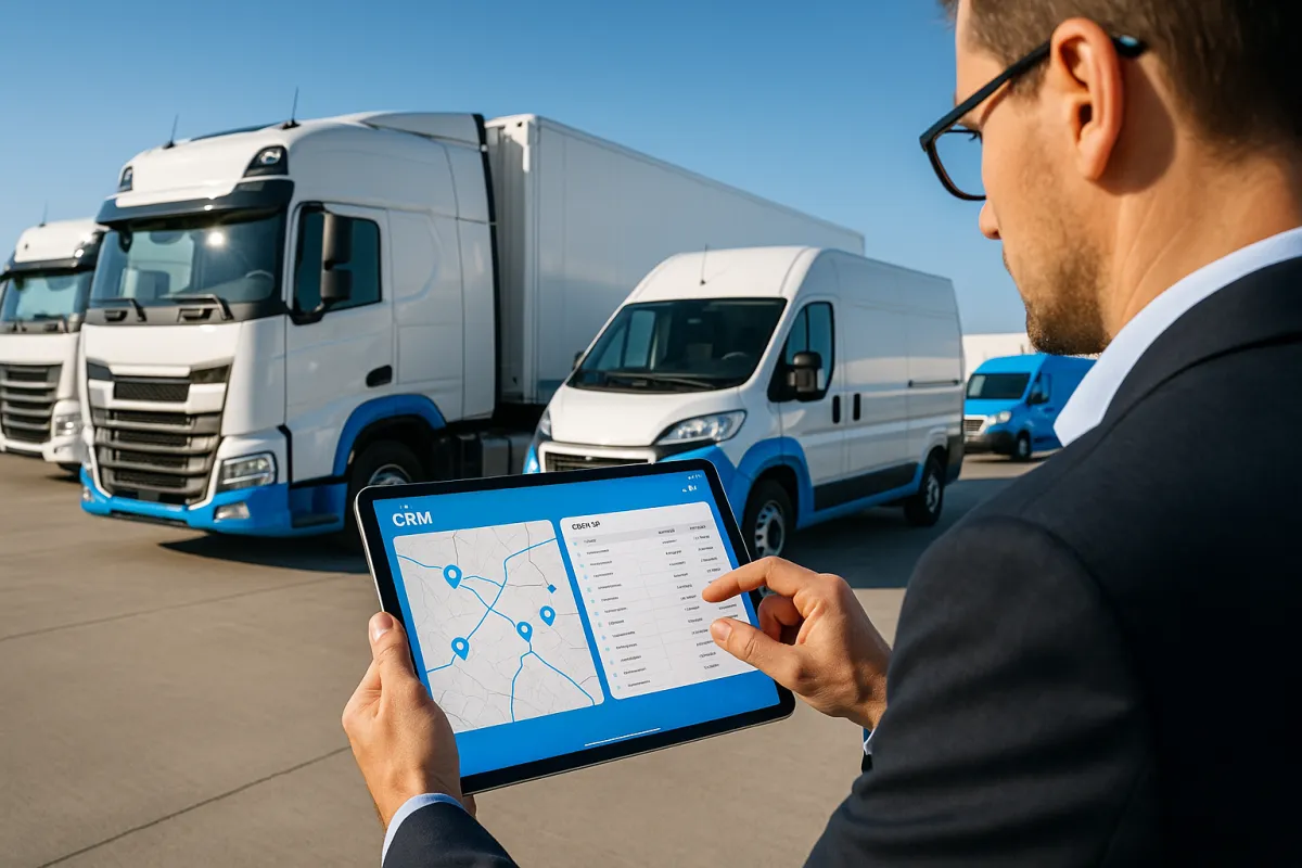 Moderne LKW-Flotte auf sonnigem Logistikgelände mit Disponent und CRM-Dashboard – bestes CRM für Transportunternehmen