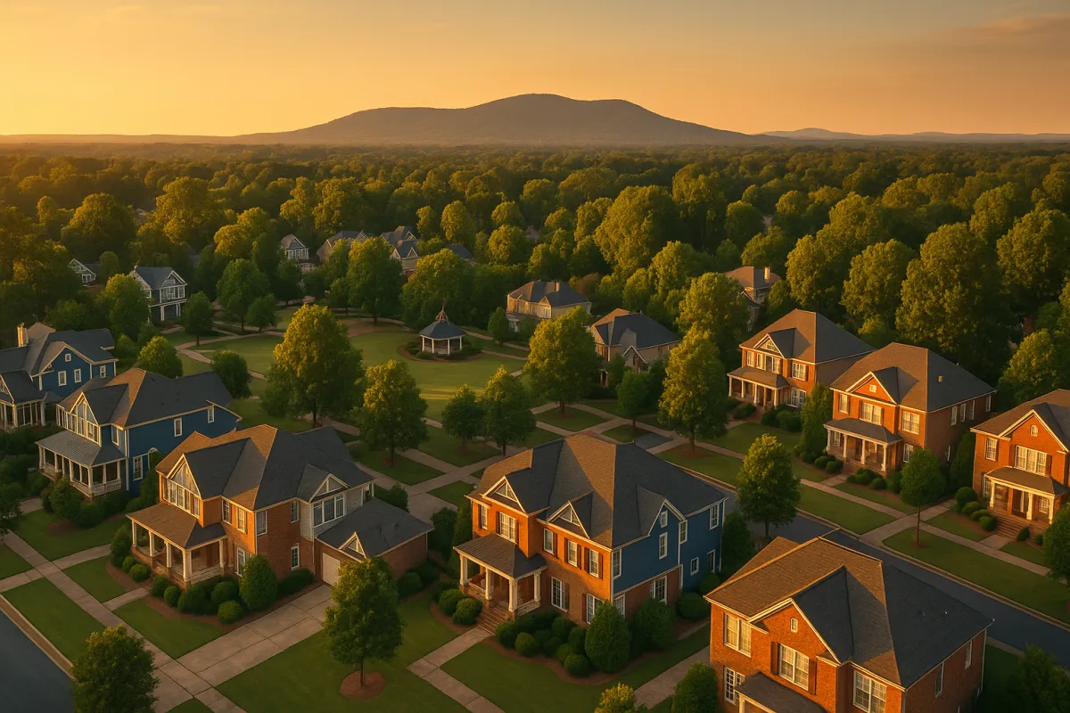 Aerial golden hour view of a Cobb County Georgia suburban neighborhood in Marietta with craftsman homes, tree-lined streets, Kennesaw Mountain on the horizon, and lush Georgia hardwood trees throughout
