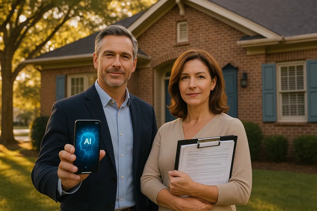 Confident homeowner couple standing in front of a beautiful craftsman home in Cobb County Georgia, one holding a smartphone showing an AI interface and the other holding real estate documents, representing the balance of AI technology and local human expertise in home selling