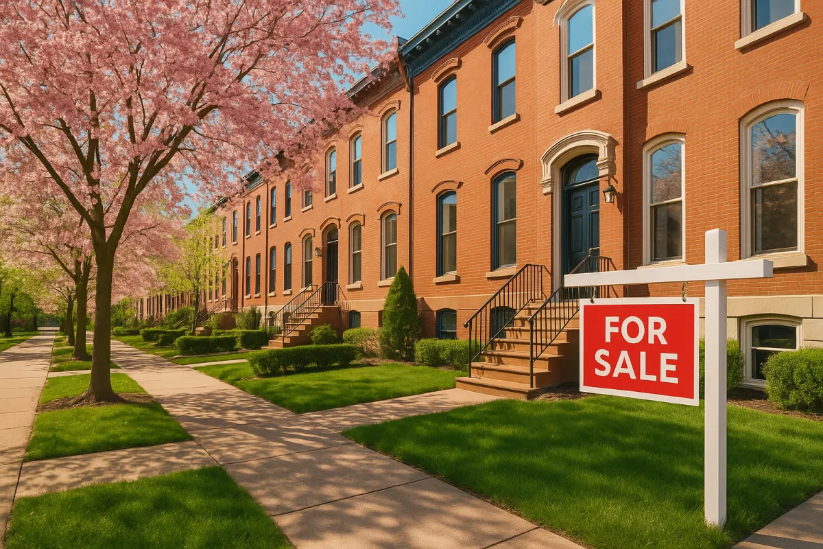Spring Philadelphia rowhouse with For Sale sign and cherry blossoms blooming on a tree-lined street — Spring 2026 real estate market
