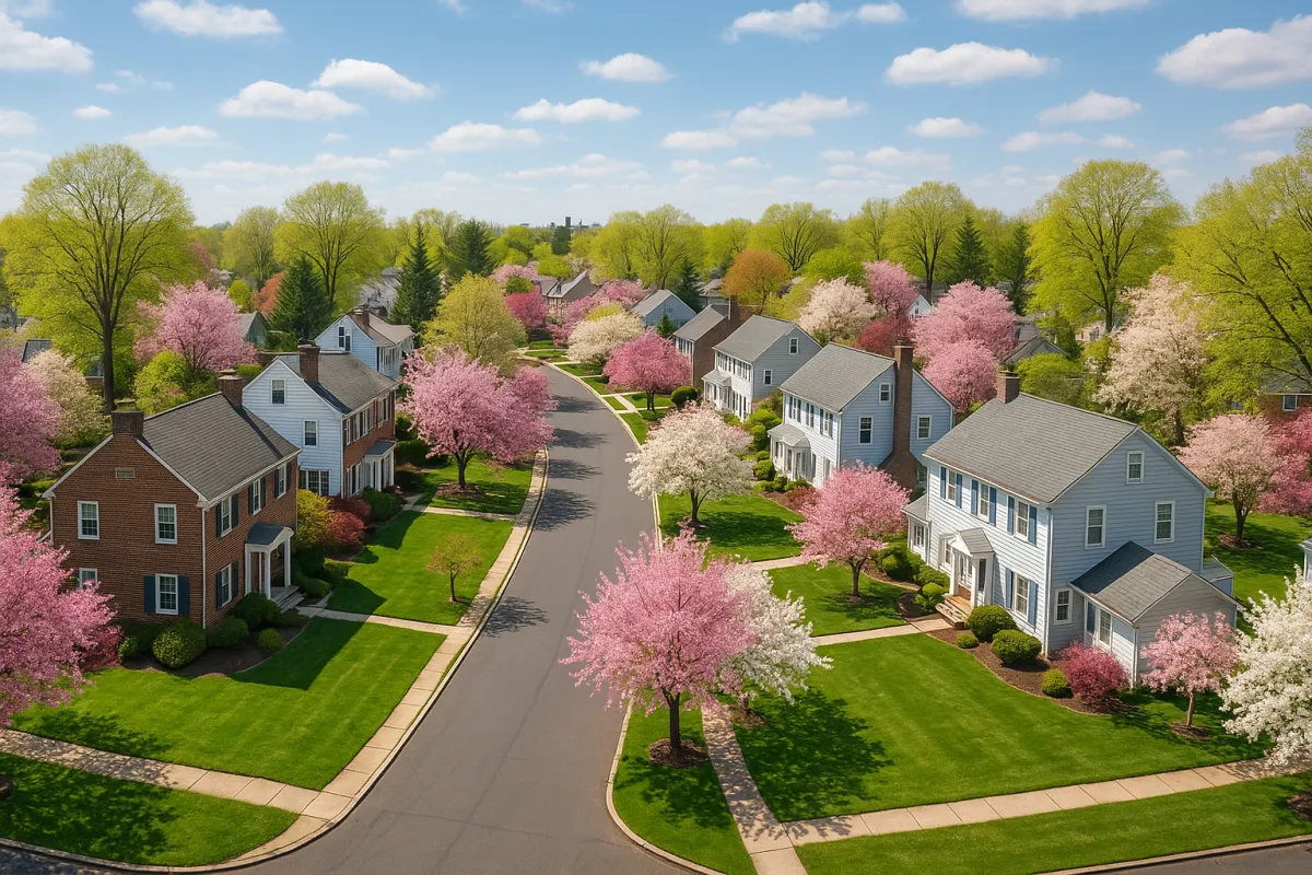 Aerial view of a beautiful Philadelphia suburban neighborhood in spring with tree-lined streets, colonial homes, and cherry blossoms in bloom