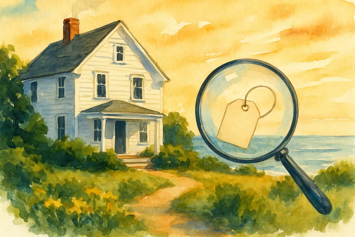 Watercolor illustration of a classic white New England coastal home at golden hour with a magnifying glass highlighting a price tag, representing strategic home pricing discovery for North Shore sellers.