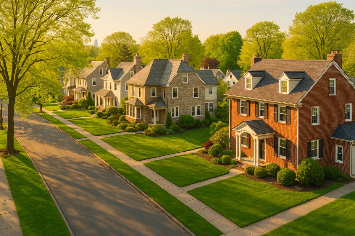 Aerial view of a beautiful Philadelphia suburban neighborhood with homes for sale on a bright spring day