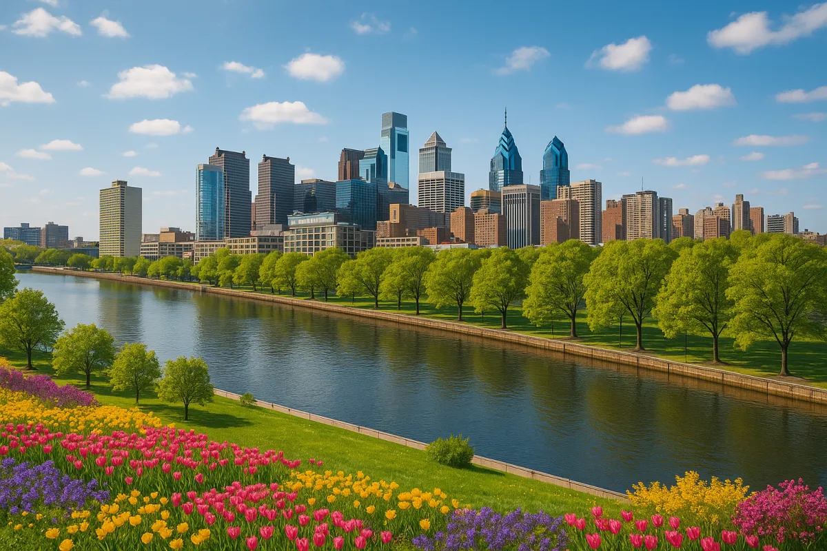 Bright aerial view of Philadelphia skyline on a sunny spring morning with green trees and blue sky