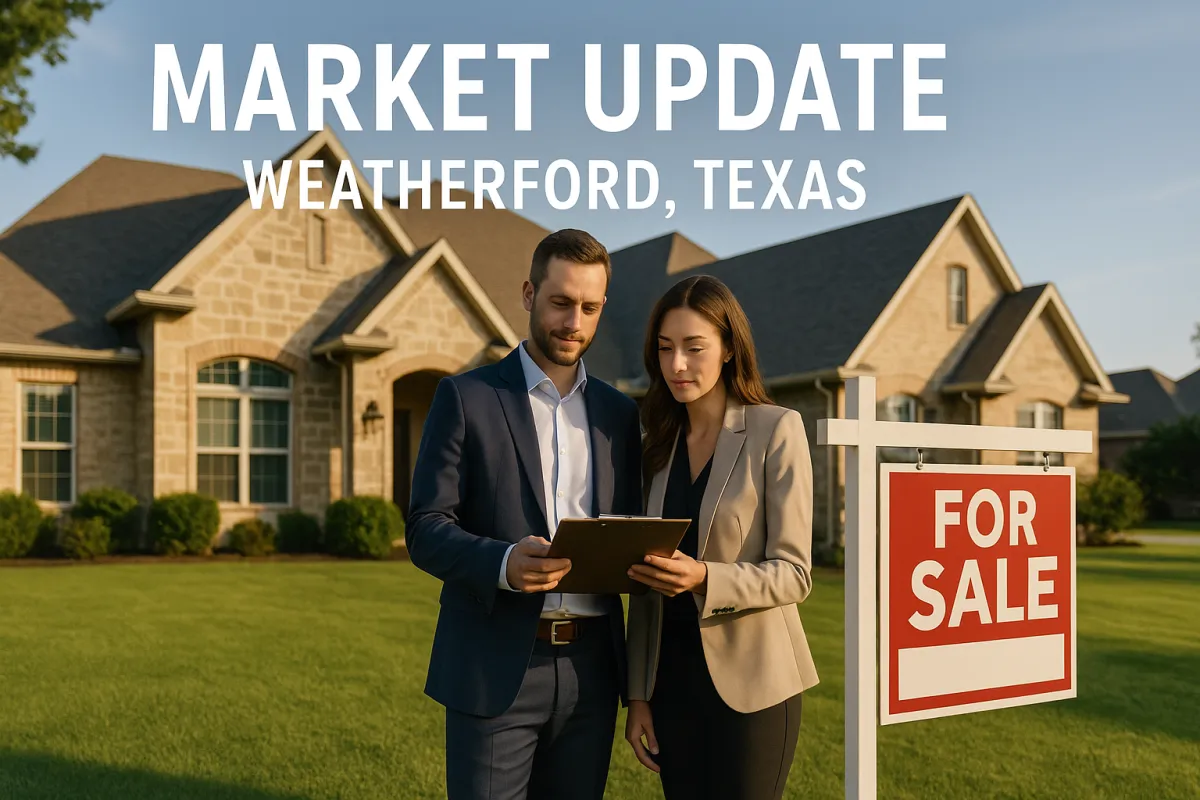 Real estate agent reviewing Weatherford TX market data in front of a home