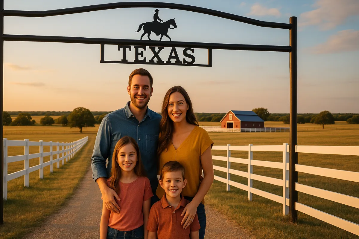 Family at the entrance of a beautiful Texas horse property in Weatherford