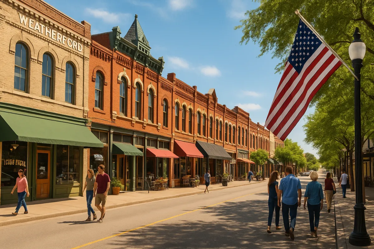 Weatherford Texas historic downtown Victorian buildings on a sunny day