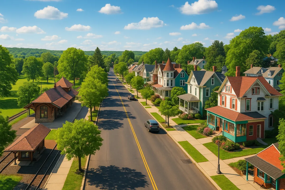 Bright aerial view of North Wales PA borough with tree-lined streets, historic homes, and SEPTA train station in Montgomery County Pennsylvania