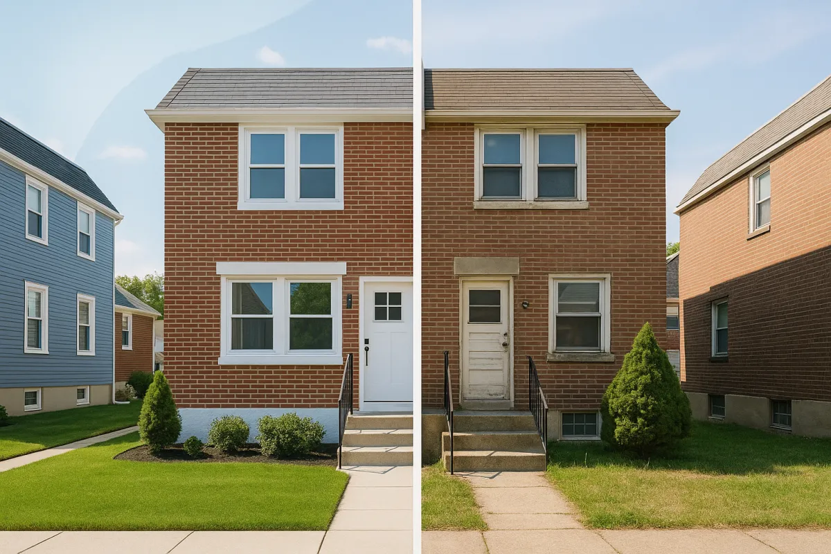 Philadelphia row home shown split between renovated and as-is condition, representing the fix and list vs. cash offer selling decision for Philadelphia homeowners