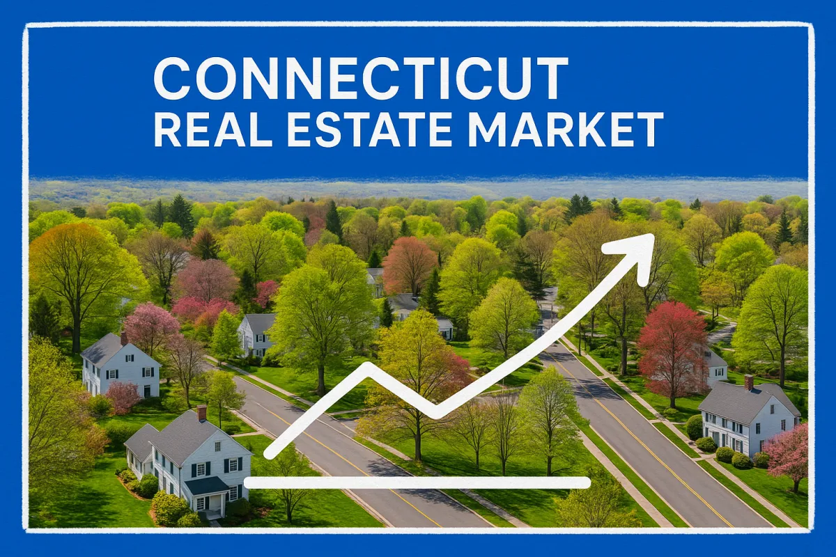 Connecticut real estate market data chart showing rising home prices and low inventory in spring 2026 against a suburban Connecticut neighborhood backdrop