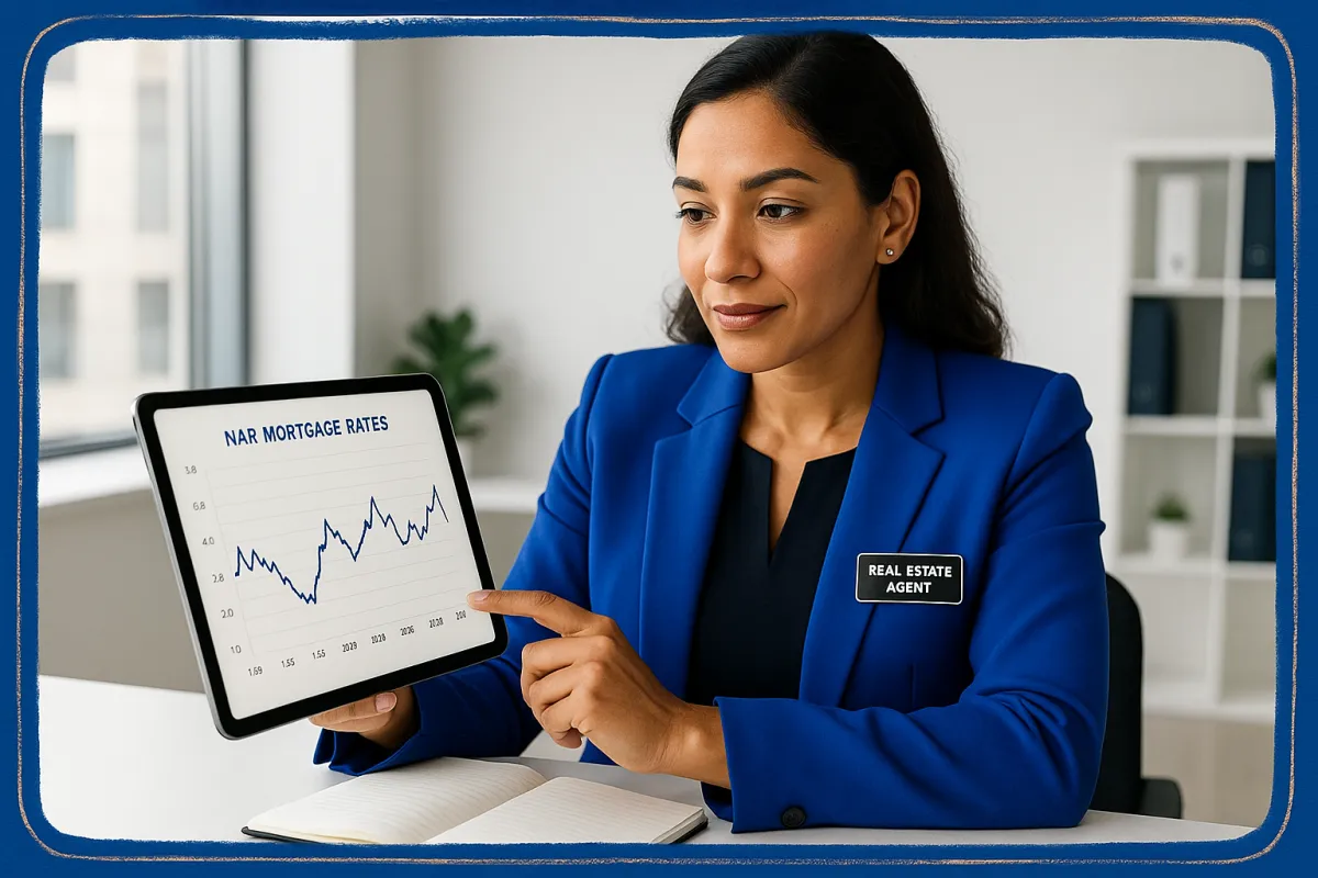 Real estate professional reviewing mortgage rate charts and NAR housing market report at a desk with Connecticut neighborhood in background