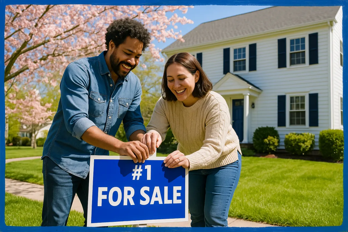 Smiling diverse couple planting a For Sale sign in front of a charming Connecticut colonial home on a sunny spring day with blooming trees