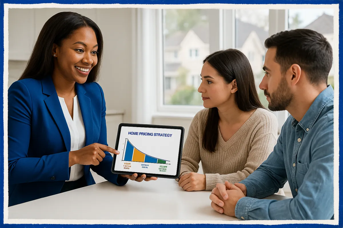 Connecticut real estate agent presenting a home pricing strategy on a tablet to a homeowner couple at a kitchen table