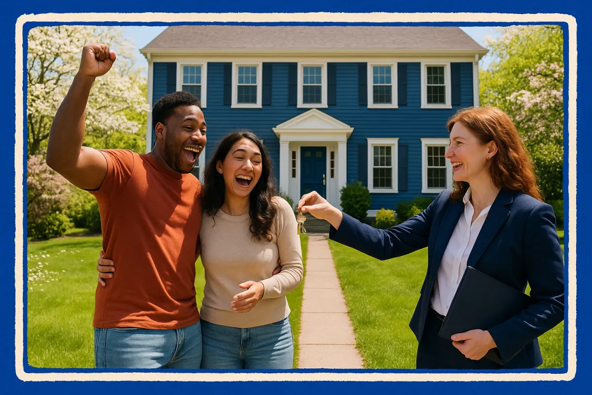 Excited diverse couple receiving house keys from a female real estate agent outside a Connecticut colonial home on a sunny spring day